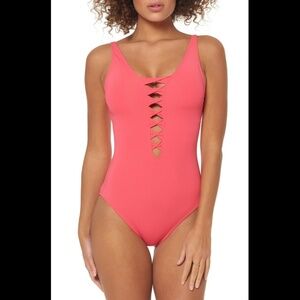 NWT Bleu By‎ Rod Beattie Lace Down One-Piece Swimsuit in Watermelon [SZ 4 ]